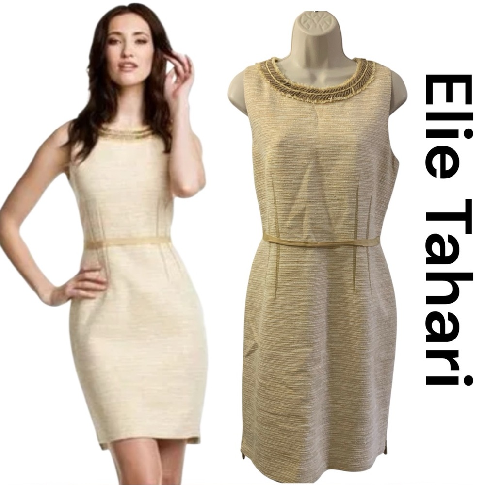 Elie Tahari Golden Yellow Tweed Like Sheath Dress w/ Wooden Beaded Neck Size 12